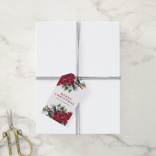 Elegant Waterverf Poinsettia Kerstmis Cadeaulabel (Met Touw)