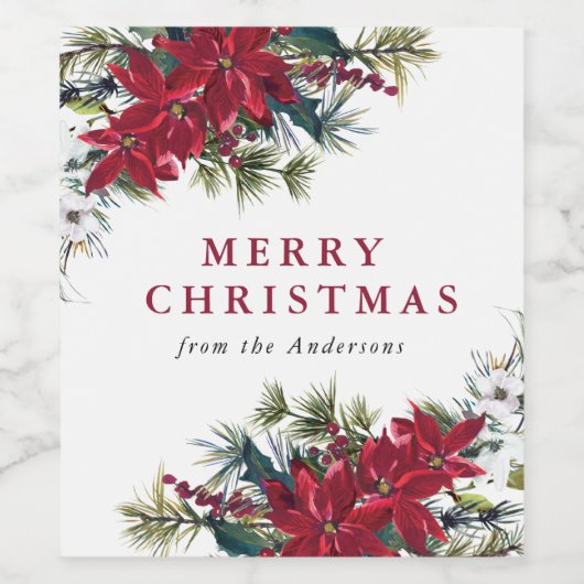 Elegant Waterverf Poinsettia Kerstmis Wijn Etiket (Enkel label)