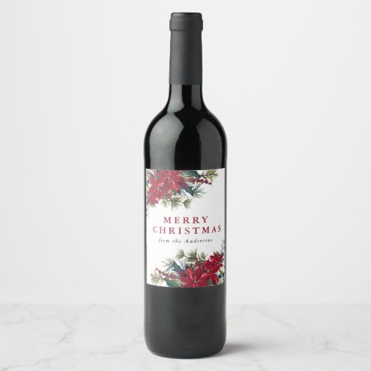 Elegant Waterverf Poinsettia Kerstmis Wijn Etiket (Voorkant)