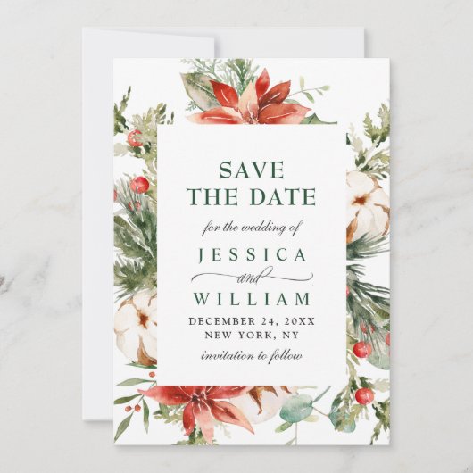 Elegant Waterverf Poinsettia Pine Branch Wedding Save The Date (Voorkant)