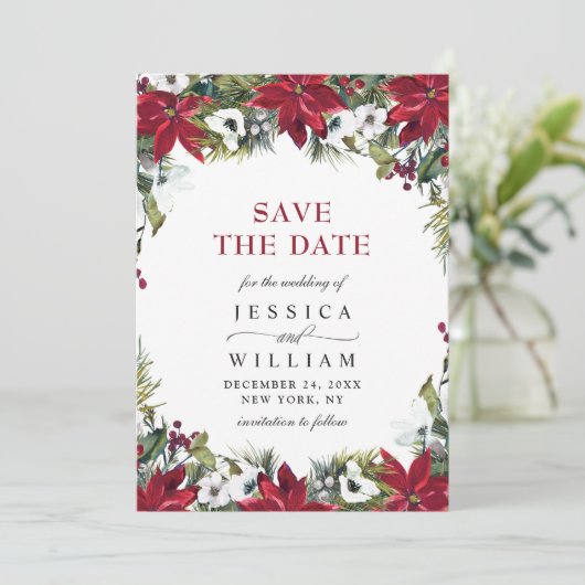 Elegant Waterverf Poinsettia Pine Branch Wedding Save The Date (Staand voorkant)