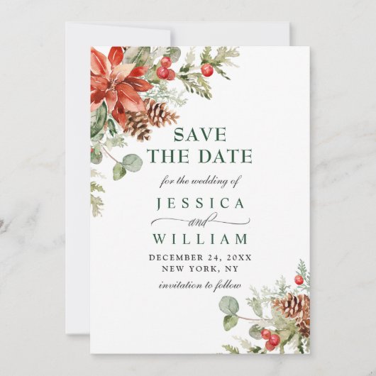 Elegant Waterverf Poinsettia Pine Branch Wedding Save The Date (Voorkant)