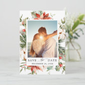 Elegant Waterverf Poinsettia Pine Branch Wedding Save The Date (Staand voorkant)