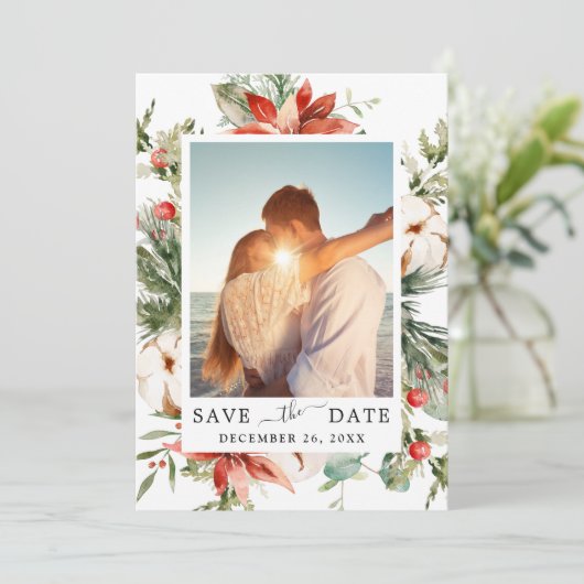 Elegant Waterverf Poinsettia Pine Branch Wedding Save The Date (Staand voorkant)