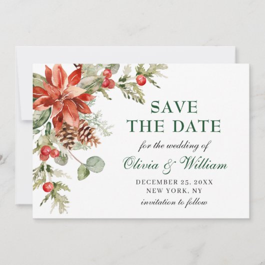 Elegant Waterverf Poinsettia Pine Branch Wedding Save The Date (Voorkant)