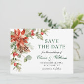Elegant Waterverf Poinsettia Pine Branch Wedding Save The Date (Staand voorkant)