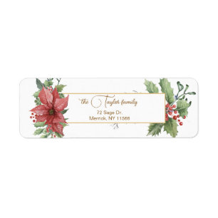 Elegant Waterverf Poinsettias & Holly Etiket