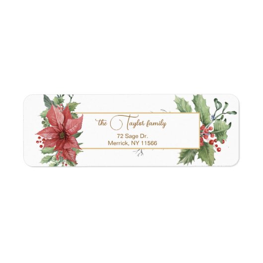 Elegant Waterverf Poinsettias & Holly Etiket (Voorkant)