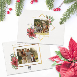 Elegant Waterverf Poinsettias met Gold Lijst Foto Folie Feestdagenkaart