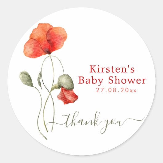 Elegant Waterverf Poppies - Baby shower Hartelijk  Ronde Sticker (Voorkant)