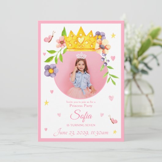Elegant Waterverf Princess Photo Birthday Party Kaart (Staand voorkant)