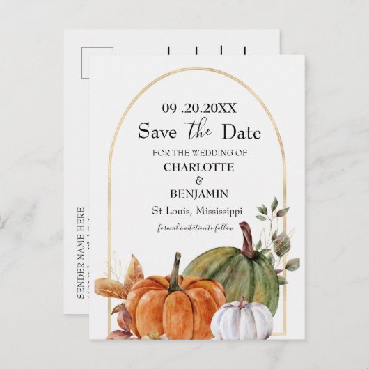 Elegant waterverf Pumpkin Wedding Save the Date Aankondigingskaart (Voorkant / Achterkant)