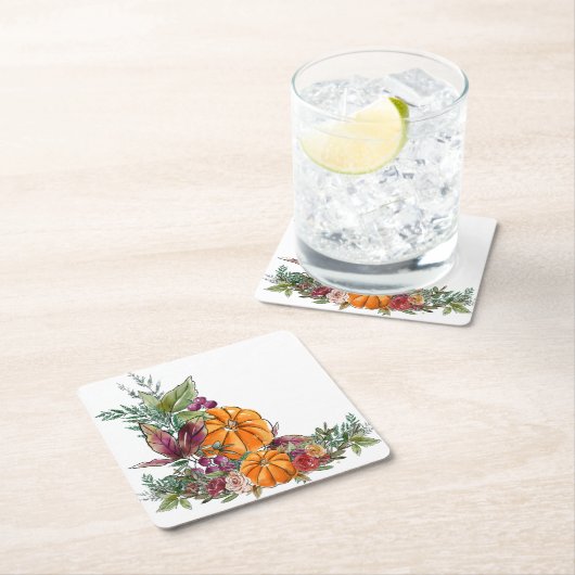 Elegant Waterverf Pumpkins Autumn Foliage Flowers Kartonnen Onderzetters (Insitu)