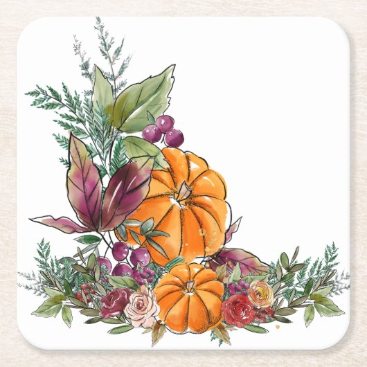Elegant Waterverf Pumpkins Autumn Foliage Flowers Kartonnen Onderzetters (Voorkant)