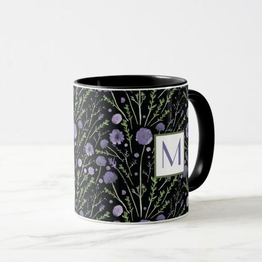 Elegant Waterverf Purple Flowers Monogram Mok (Voorkant rechts)