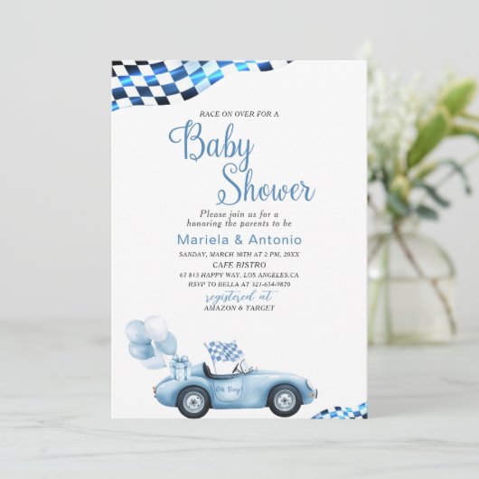Elegant Waterverf Race Car Baby shower Kaart (Staand voorkant)