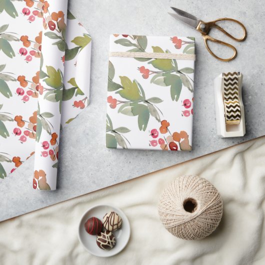 Elegant Waterverf Red Berry KerstFloral Cadeaupapier (Crafts)