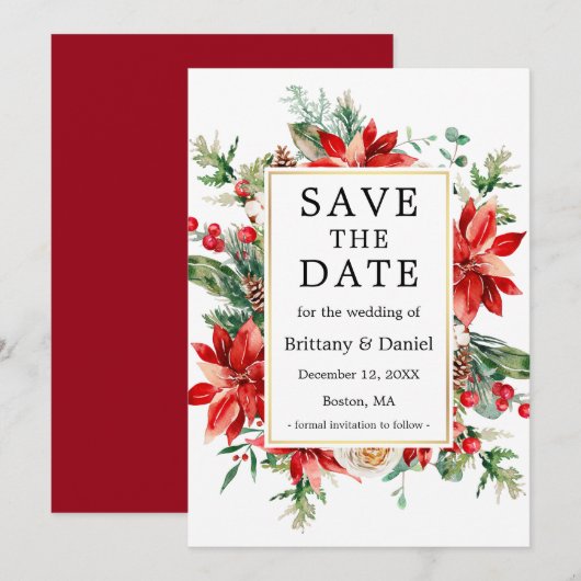 Elegant Waterverf Red Poinsettia Floral Greenery Save The Date (Voorkant / Achterkant)