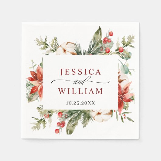 Elegant Waterverf Red Poinsettia Pine Fir Wedding Servet (Voorkant)