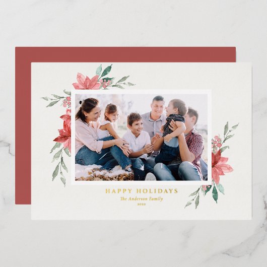 Elegant Waterverf Red Poinsettias Prettige feestda Folie Feestdagenkaart (Voorkant / Achterkant)