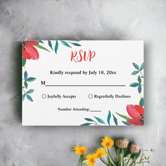 Elegant Waterverf Red Rose Summer Floral Weddensch RSVP Kaartje