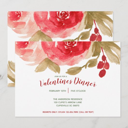 Elegant Waterverf Red Rose Valentijnsdag Party Kaart (Voorkant / Achterkant)