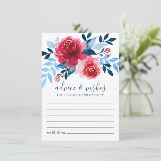 Elegant Waterverf Red Roses Blue Foliage Wedding Advieskaart (Staand voorkant)