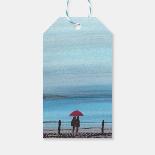 Elegant Waterverf Red Umbrella Couple Wedding Cadeaulabel (Achterkant)