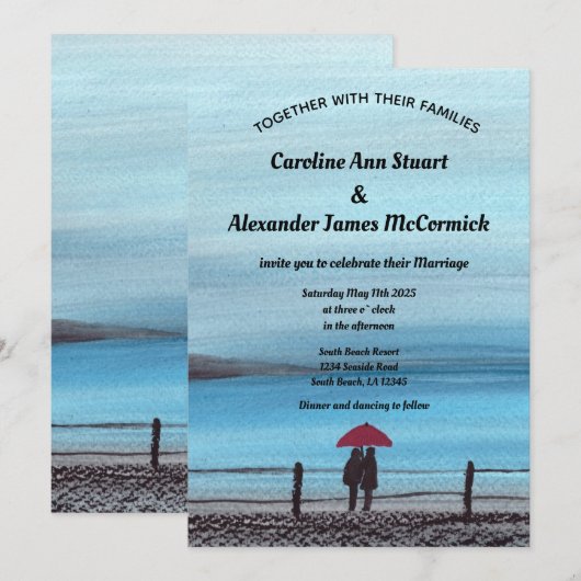 Elegant Waterverf Red Umbrella Couple Wedding Kaart (Voorkant / Achterkant)