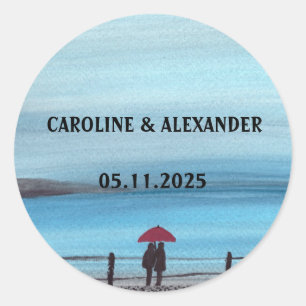 Elegant Waterverf Red Umbrella Couple Wedding Ronde Sticker