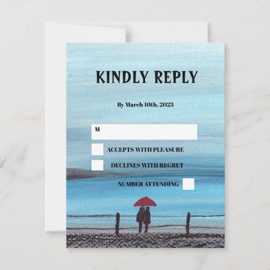 Elegant Waterverf Red Umbrella Couple Wedding RSVP Kaartje (Voorkant)
