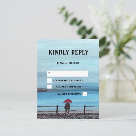 Elegant Waterverf Red Umbrella Couple Wedding RSVP Kaartje (Staand voorkant)