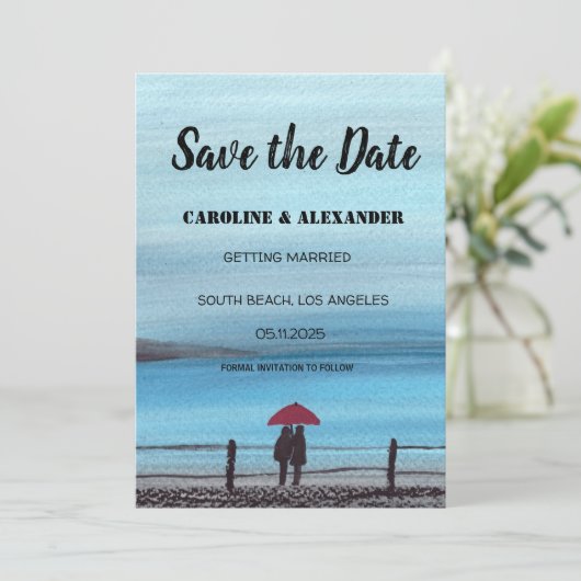 Elegant Waterverf Red Umbrella Couple Wedding Save The Date (Staand voorkant)
