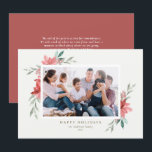 Elegant Waterverf Red Winter Flowers Foto Feestdagenkaart<br><div class="desc">prettige feestdagen! Verstuur vakantiewensen en groeten met deze  en elegante vakantiefoto. Het bevat waterverf illustraties van rode punsettia met groen. Pas deze bloemetjesfeestkaart aan door uw favoriete foto,  groet,  namen en andere details toe te voegen. De teksten zijn volledig bewerkbaar. Beschikbaar als een platte kaart,  gevouwen kaart en briefkaart.</div>