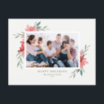 Elegant Waterverf Red Winter Flowers Foto Feestdagenkaart<br><div class="desc">prettige feestdagen! Verstuur vakantiewensen en groeten met deze  en elegante vakantiefoto. Het bevat waterverf illustraties van rode punsettia met groen. Pas deze bloemetjesfeestkaart aan door uw favoriete foto,  groet,  namen en andere details toe te voegen. De teksten zijn volledig bewerkbaar. Beschikbaar als een platte kaart,  gevouwen kaart en briefkaart.</div>