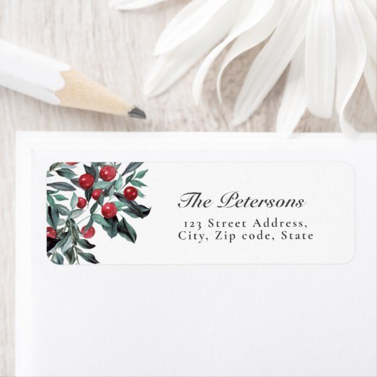 Elegant Waterverf Rood kerstfeest Holly Berries Etiket (Insitu)