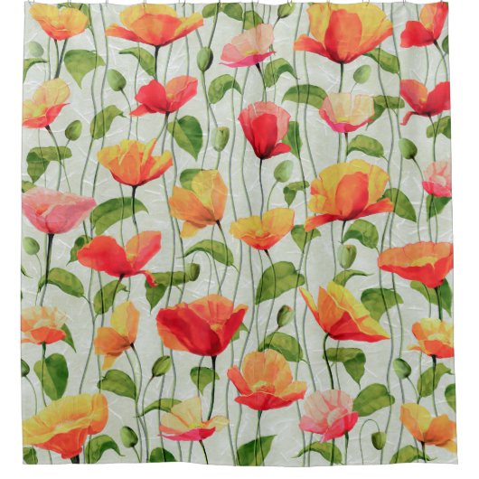 Elegant Waterverf Rood Roze en Gele Bloemen | Douchegordijn (Voorkant)