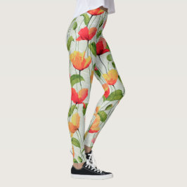 Elegant Waterverf Rood Roze en Gele Bloemen | Leggings