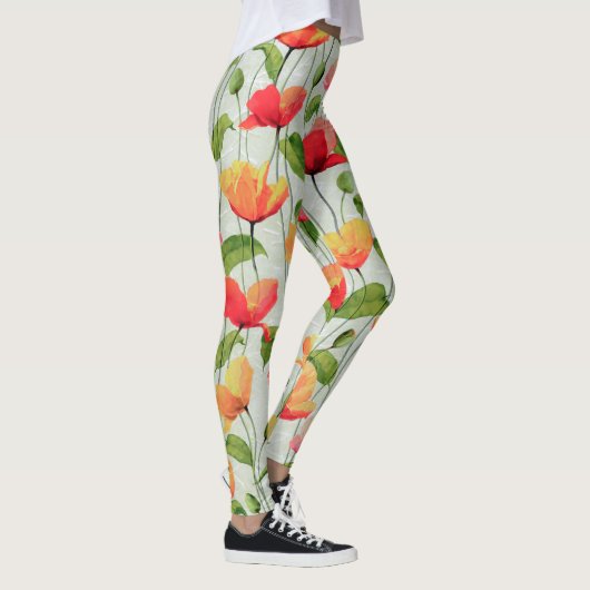 Elegant Waterverf Rood Roze en Gele Bloemen | Leggings (Rechts)