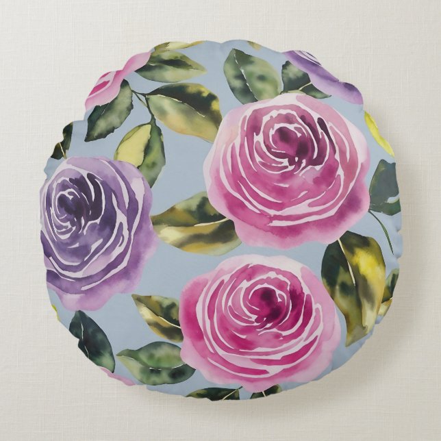 Elegant Waterverf Roos Bloemendesign Rond Kussen (Voorkant)
