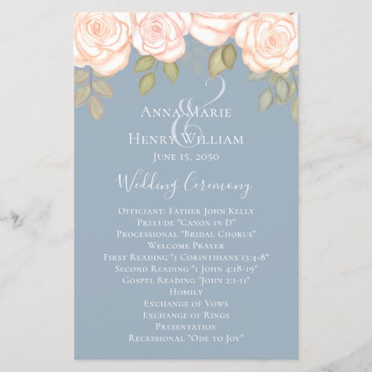 Elegant Waterverf Roos Dusty Blue Wedding Programm (Voorkant)