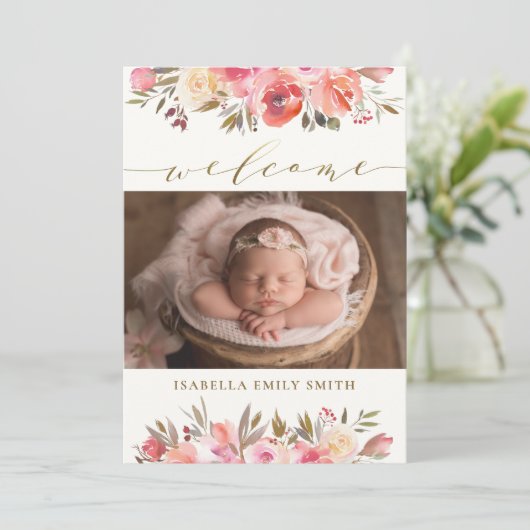 Elegant Waterverf Roos Script Calligraphy Birth Aankondiging (Staand voorkant)