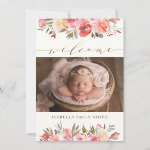 Elegant Waterverf Roos Script Calligraphy Birth Aankondiging