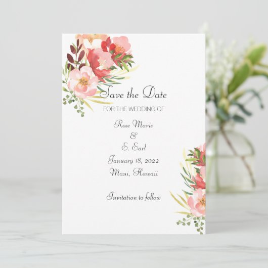 Elegant Waterverf Rose Bouquet Save the Date Kaart (Staand voorkant)