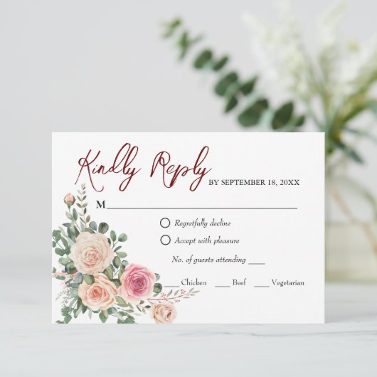 Elegant Waterverf Roses Wedding RSVP Kaart (Staand voorkant)