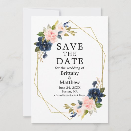 Elegant Waterverf Roze Blauwe Rozen Geo Lijst Save The Date (Voorkant)