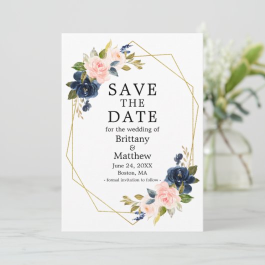 Elegant Waterverf Roze Blauwe Rozen Geo Lijst Save The Date (Staand voorkant)