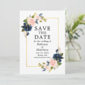 Elegant Waterverf Roze Blauwe Rozen Gold Lijst Save The Date (Staand voorkant)