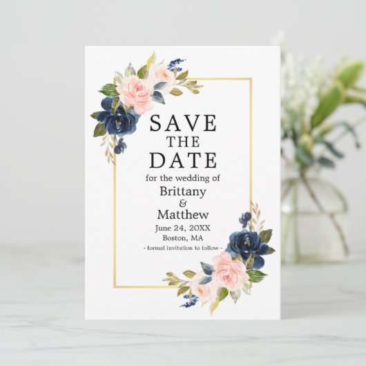 Elegant Waterverf Roze Blauwe Rozen Gold Lijst Save The Date (Staand voorkant)