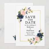 Elegant Waterverf Roze Blauwe Rozen Gold Lijst Save The Date (Voorkant / Achterkant)